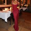 Abito da sera da donna a sirena maxi con scollo quadrato e spalline sottili, vita alta, drappeggiato, arricciato, bodycon in raso