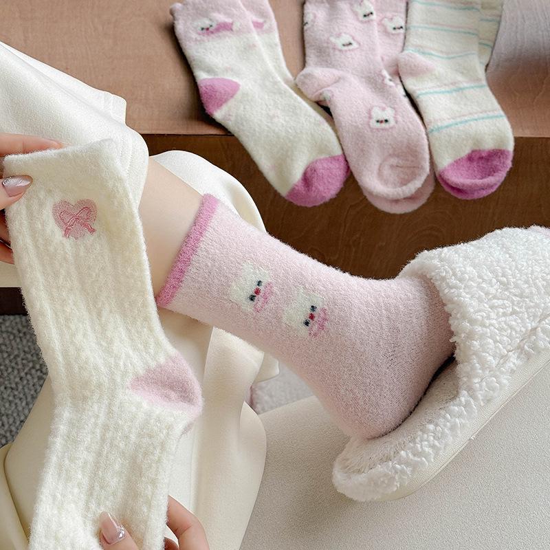 Australian Velvet Pink Fleece-Lined Women's Mid-Calf Cartoon Socks - Thick, Warm, and Fluffy Sleep & Floor Socks.