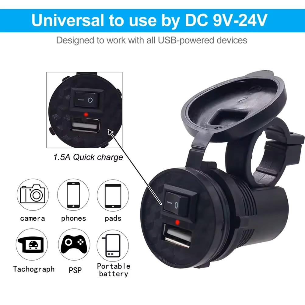 Motorcycle Handlebar Charger Waterproof Usb Adapter 12V-24V USB Port Mobile Phone Charger with Light Switch Moto Accessories