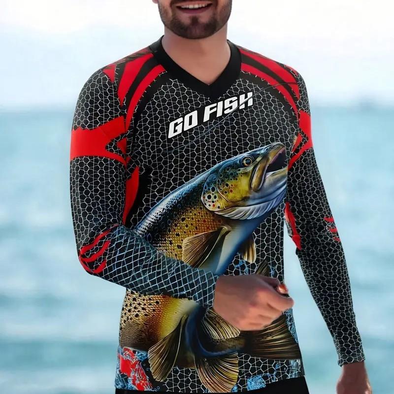 Mens Long Sleeve Quick-Dry UV Protection Shirt With Fish Print Hiking Outdoor Activities