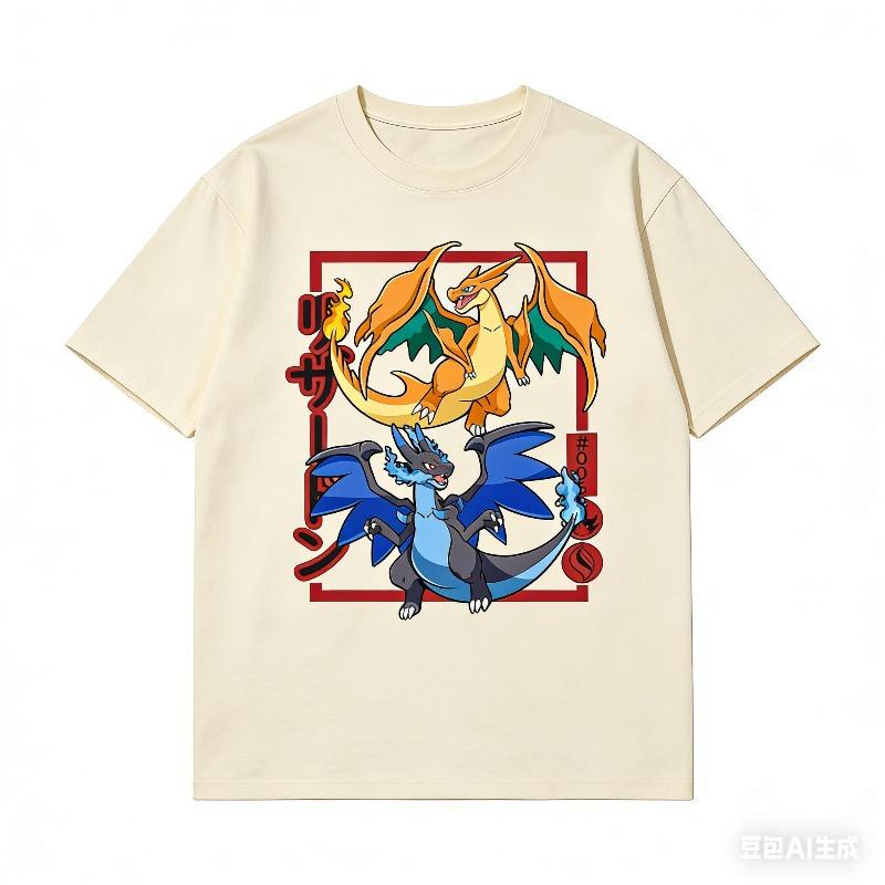 T-shirt in Puro Cotone Stampata Evoluzione di Charizard Uomo e Donna Nuova Collezione Primavera/Estate Camicia alla Moda a Maniche Corte