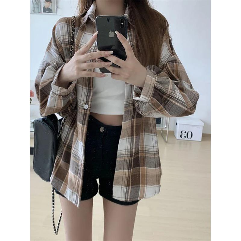 Plaid Shirt Women Autumn Long Sleeve Top Female Vintage Fashion Single Breasted Blouse Ladies Preppy Style Loose Check Shirts