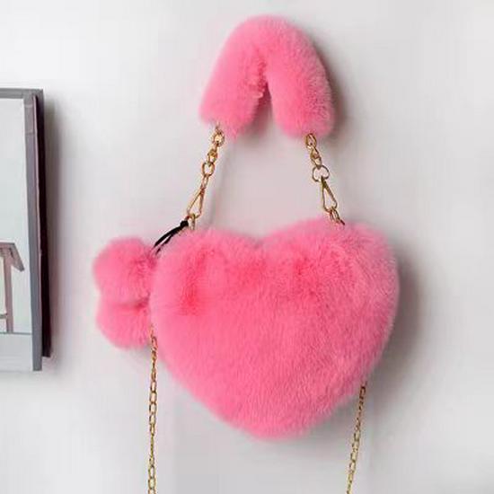 Peach Heart Fluffy Crossbody Bag - Faux Rabbit Fur, Plush Chain Design