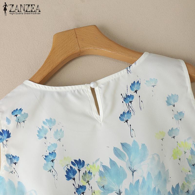 ZANZEA Camisetas sin mangas de verano para mujer con cuello redondo y estampado floral