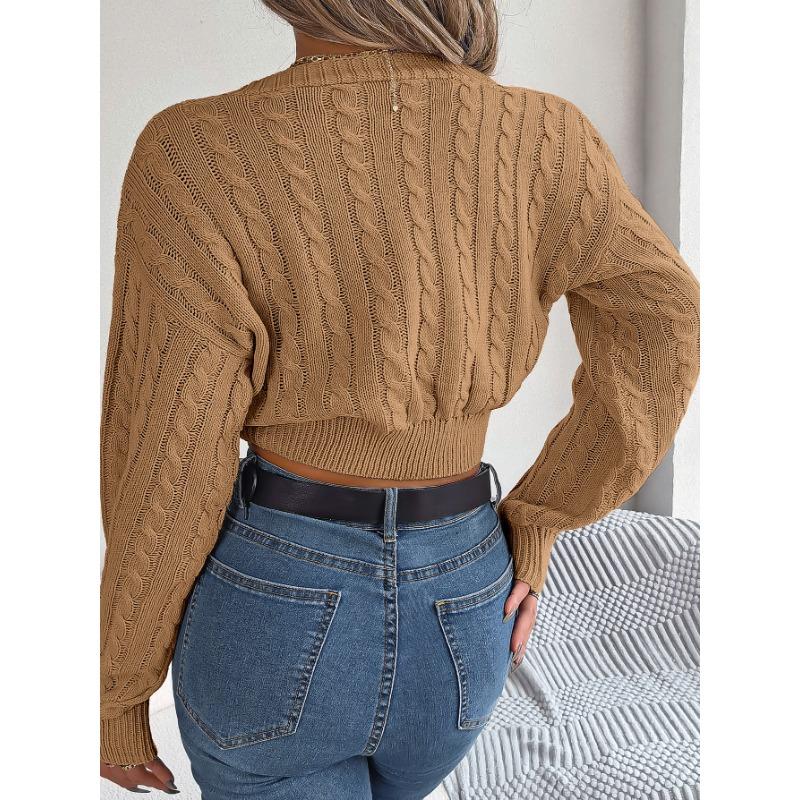 Podzim/zima Sexy ležérní uzlový crop svetr s výstřihem do V a lucernovými rukávy