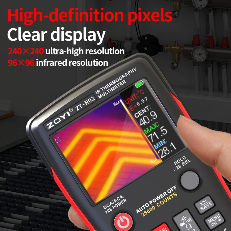 R02 ZOYI Thermal Imaging Camera & Multimeter 240x240 Resolution -20~550℃ 2.4inch Screen for Pipeline Building HVAC Heating Test