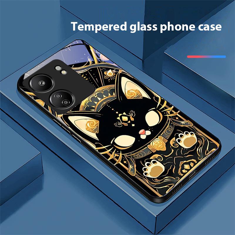 Schwarzes Gold Katze Für Xiaomi Redmi 13C Note13 12 Pro Plus 5G Note 9 13T Pro POCO X6 F5 F6 Schwarze Hartglas Handyhülle