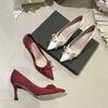 Satin bow Chinese Xiuhe wedding shoes bridal shoes women's pointed high heels single shoes versatile and not tired