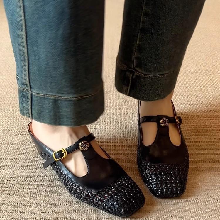 2026 Spring and Summer New Retro Woven Hollow Bag Head Half Drag T-band Mary Jane Shoes Square Head Shallow Mouth