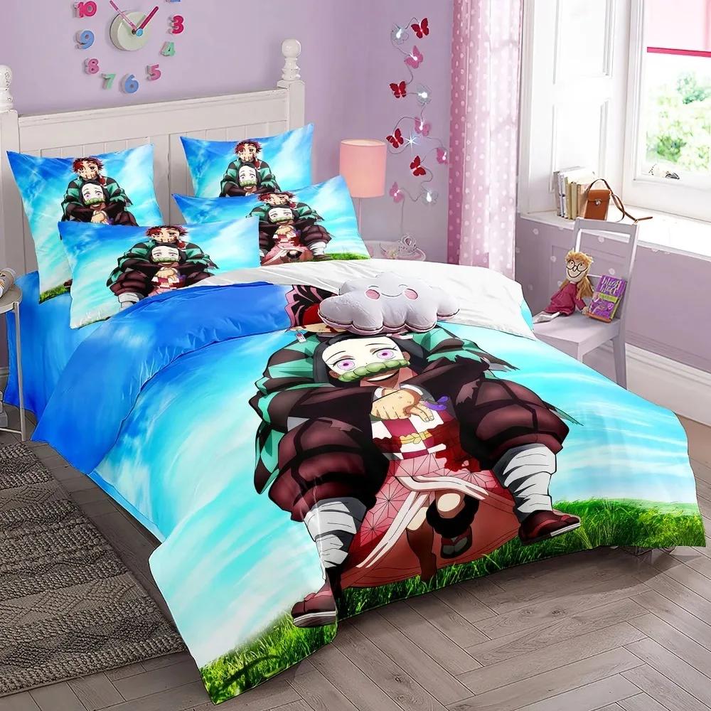 Anime Demon Slayer Comforter Sets, 3D Bedding Set, Duvet Cover Pillowcase with Zipper 140x200cm, Gift for Boys and Girls.