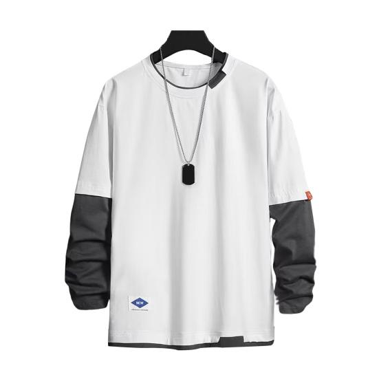 Men Spring T-shirt Fake Two-piece Round Neck Long Sleeves Loose Pullover Keep Warm Contrast Color Friendly to Skin Men Top Men Clothes