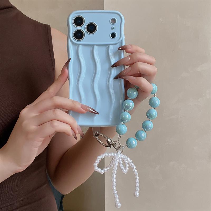 3D Wave Pattern Soft Shell Phone Case with Bracelet for iPhone 17 Pro Max/Apple 16 Solid Color