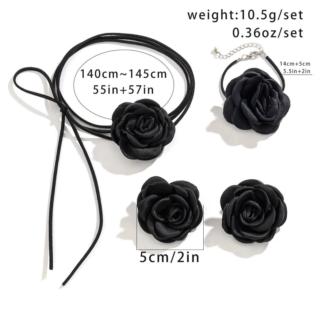 Romantic Kpop Big Rose Flower Clavicle Chain Necklace Bracelet Stud Earrings Women Goth Adjustable Rope Choker Y2K Jewelry Set