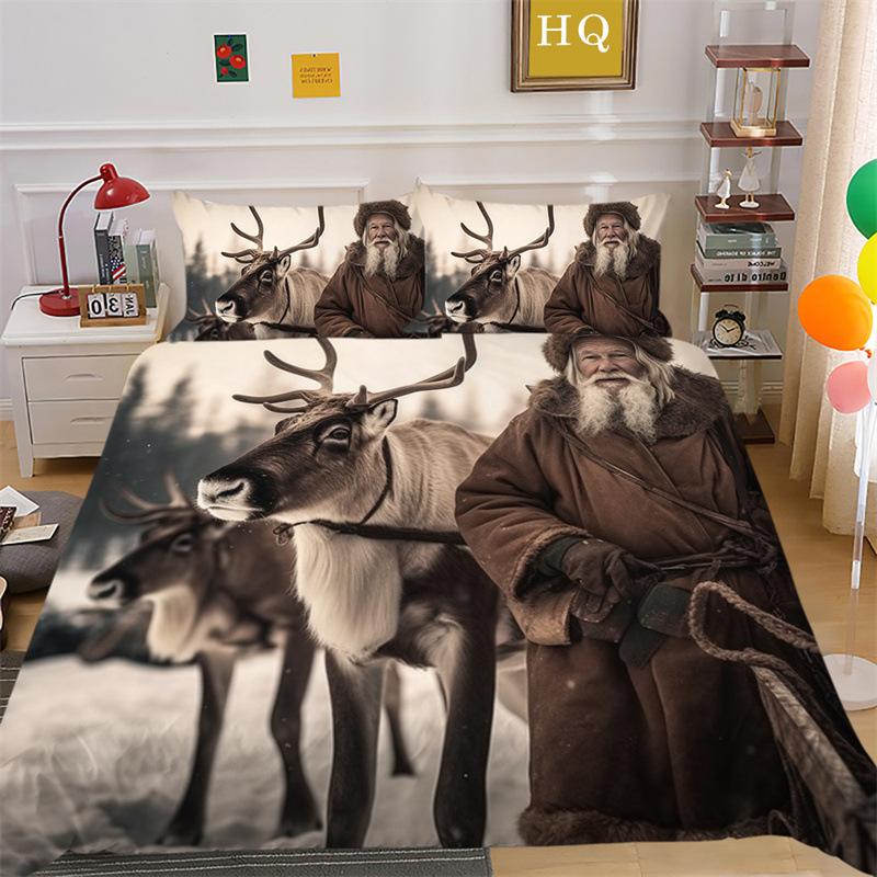 Jultomte Älg 3D-printad Polyester Kuddfodral Täcke Överdrag Två Eller Tre Delars Set