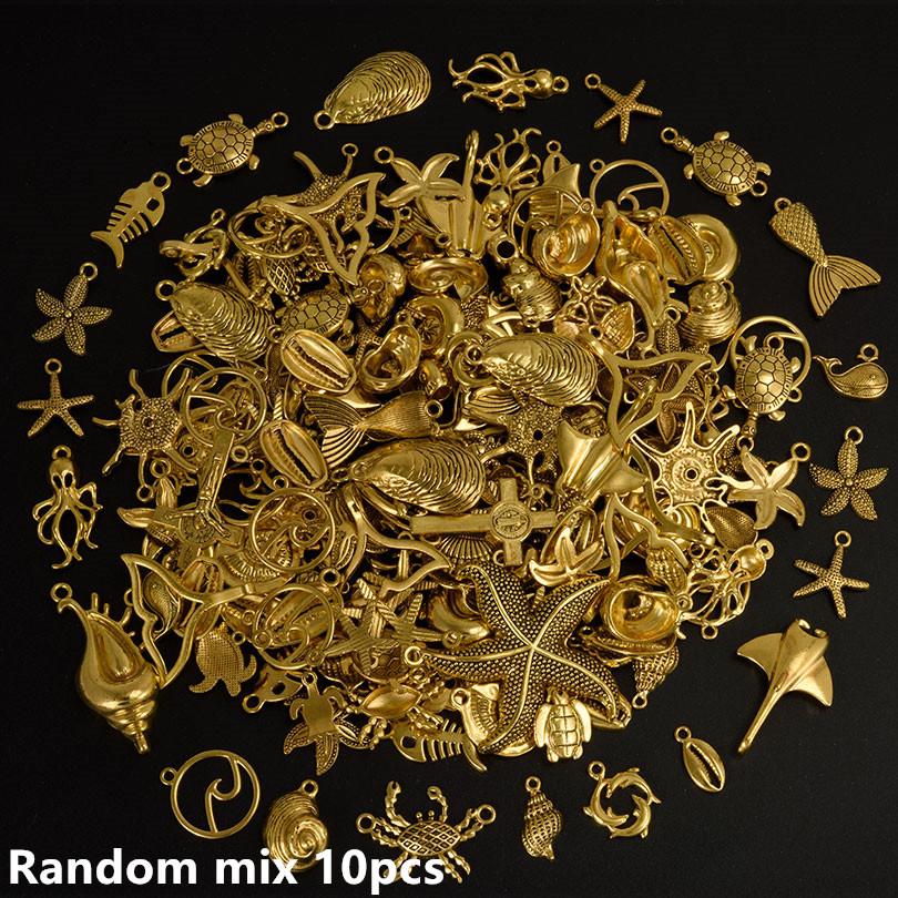 10/20/30pcs Metal KC/Vintage Gold/Silver Color Ocean Animal Charm Random Mix Shell Fish Turtle Charms For Jewelry Making Pendant