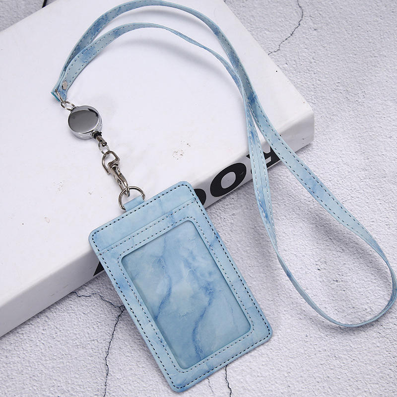 PU ID Card Holder Transparent Badge Holder With Card Slot Three Fold Card Holder Marble Patterned Neck Hanging Card Sleeve