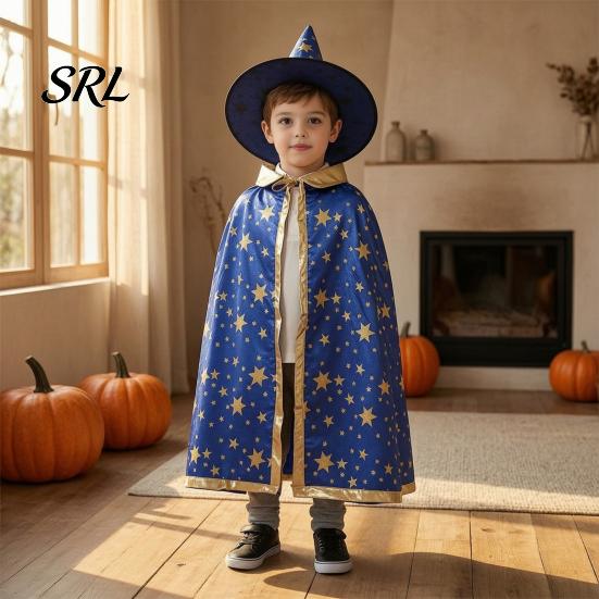 Breathable Holiday Performance Cape Kids Wizard Cloak with Hat for Boys Girls, Halloween Witch Star Pattern Costume Prop Party Cosplay Outfit,