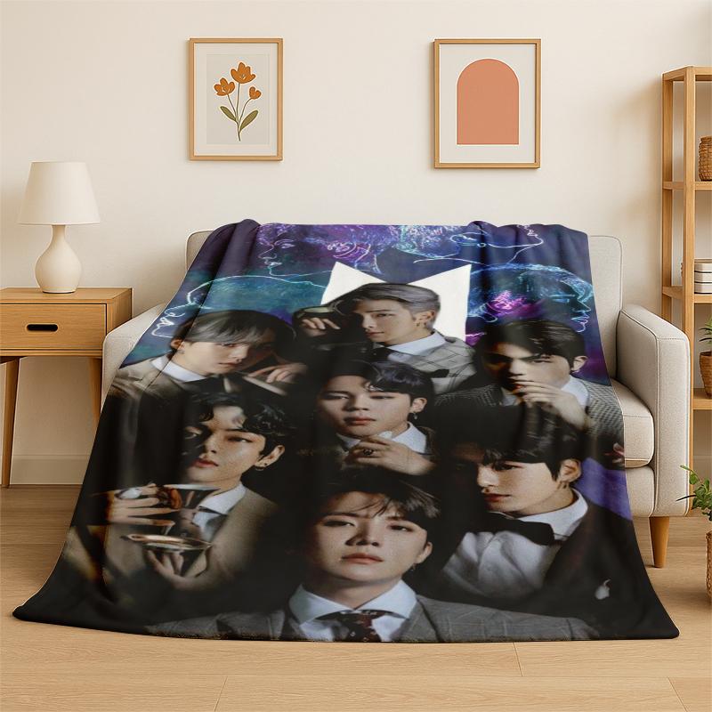 Kpop B-BTS Fashion Group Star Flannel Blanket Soft Warm Throw Blanket for Bedroom Living Room Bed Travel Camping Picnic Gift