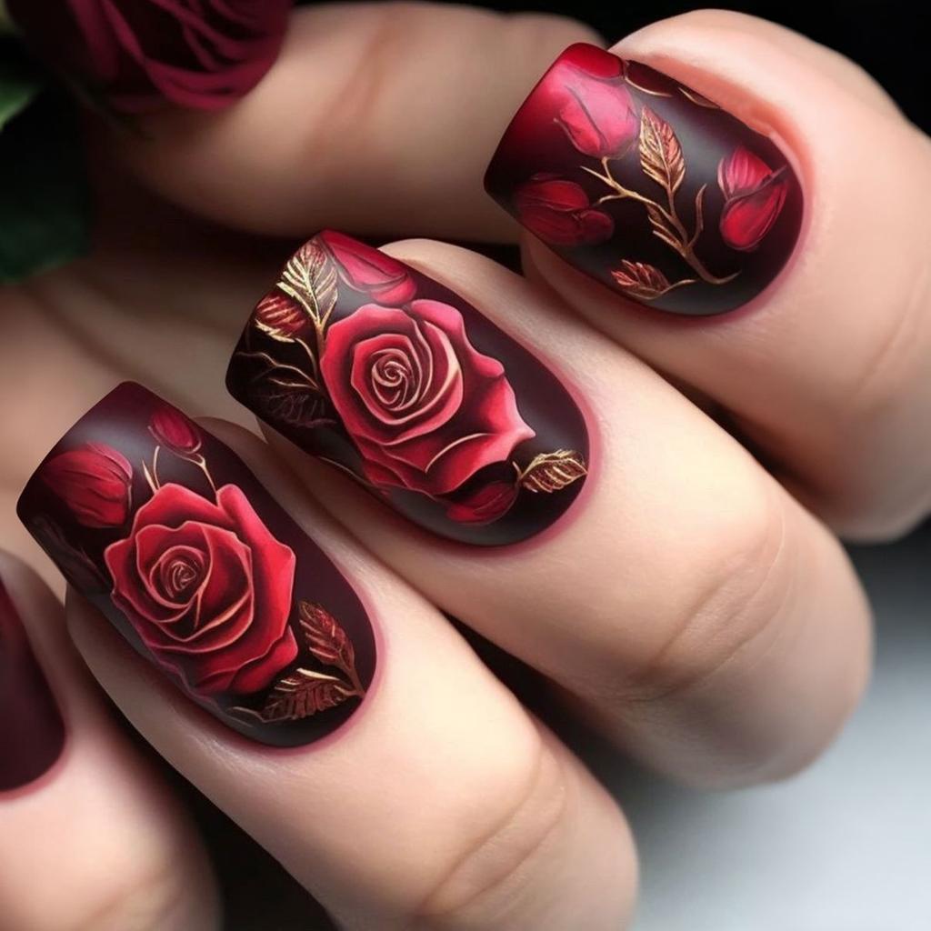 24 UÑAS POSTIZAS Clásico Borgoña Raya Dorada Largas Ballet Uñas a Presión Marrón Brillante Elegante Retro Florales Uñas Falsas para Niñas