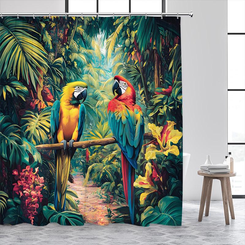 Tropical Jungle Parrot Shower Curtains Green Plant Leaves Flowers Birds Rainforest Scenery Polyester Home Bathroom Curtain Decor