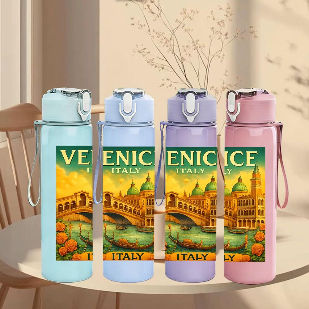 1PC Vintage Venice Travel Poster 750ml Color Plastic Sports Water Bottle Leakproof Flip Straw Lid For Sports Office Home Use
