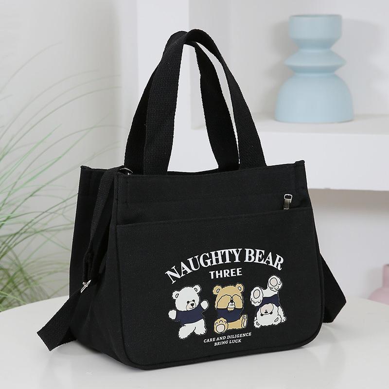 Cartoon Cute Bear Printed Pattern Canvas Tote Food Bag With Adjustable Shoulder Strap Hand Lunch Bag Canvas Bag Bento Bag