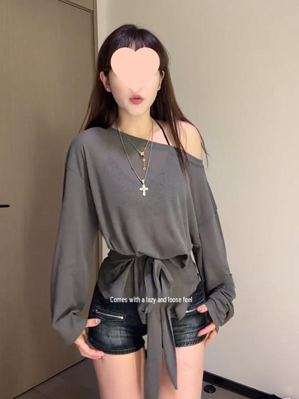 Off-Shoulder Sun Protection Cardigan T-Shirt - Women's Loose Long-Sleeve Trendy Summer Top