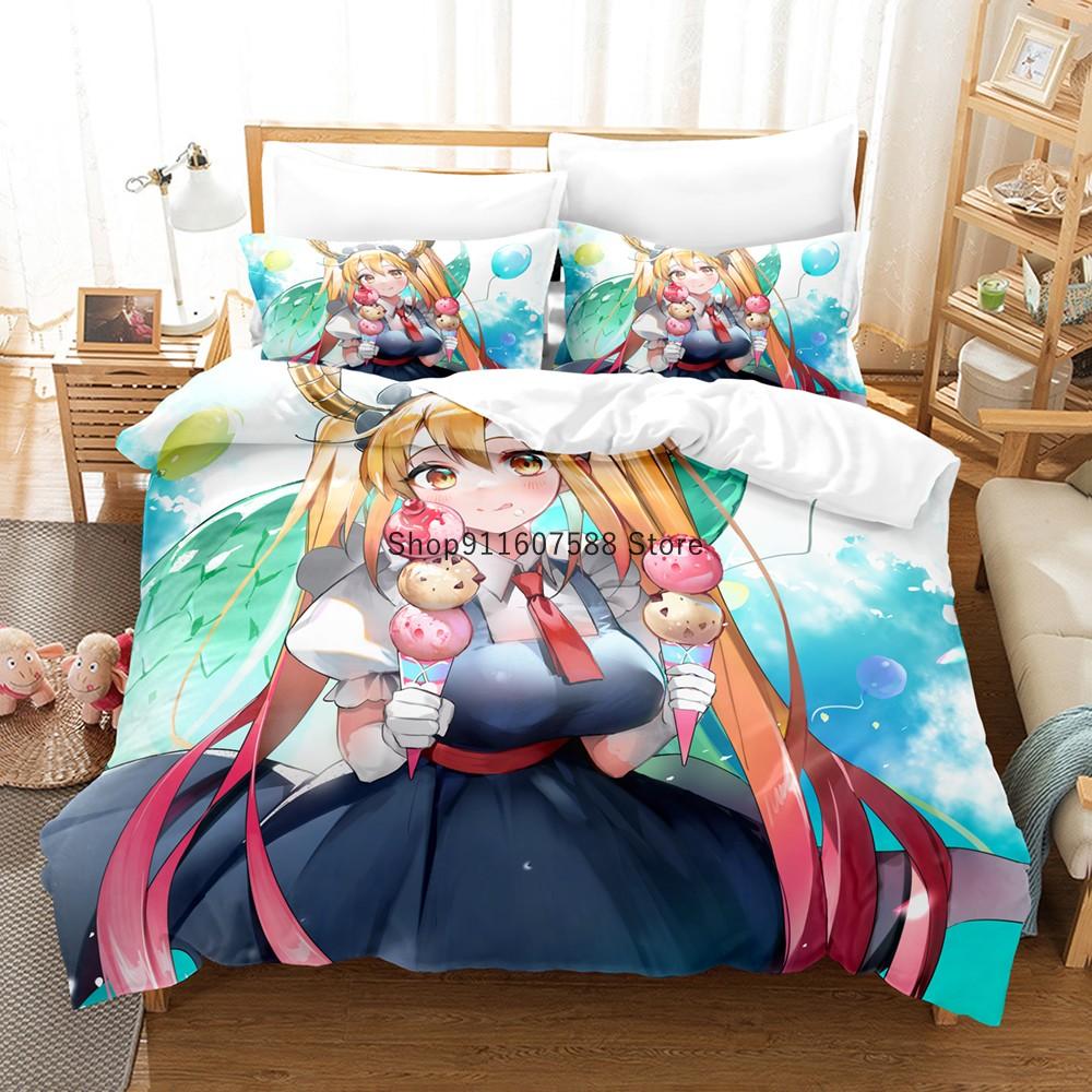 Miss Kobayashi's Dragon Maid Bedding Set Cartoon Anime three-piece set Adult Kid Bedroom Duvet cover Sets 3D print Kawaii Anime