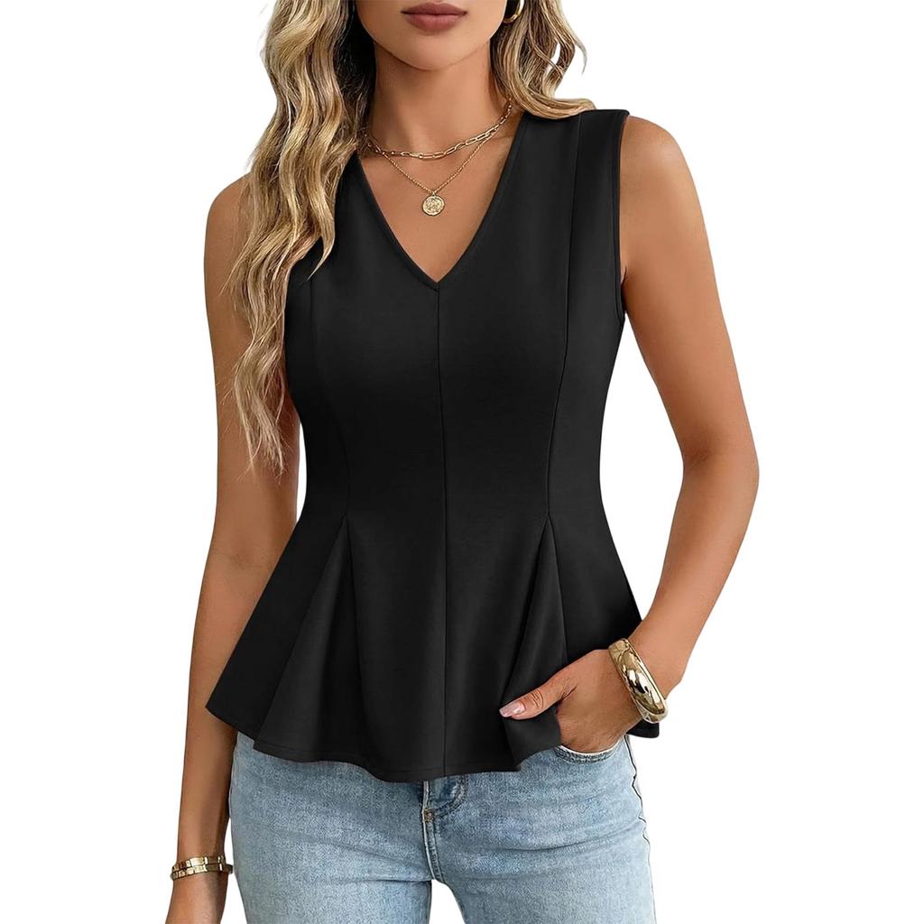 Women's Sleeveless V Neck Ruffle Hem Peplum Top Casual Business Blouse Relaxed Fit Lightweight Office Wear