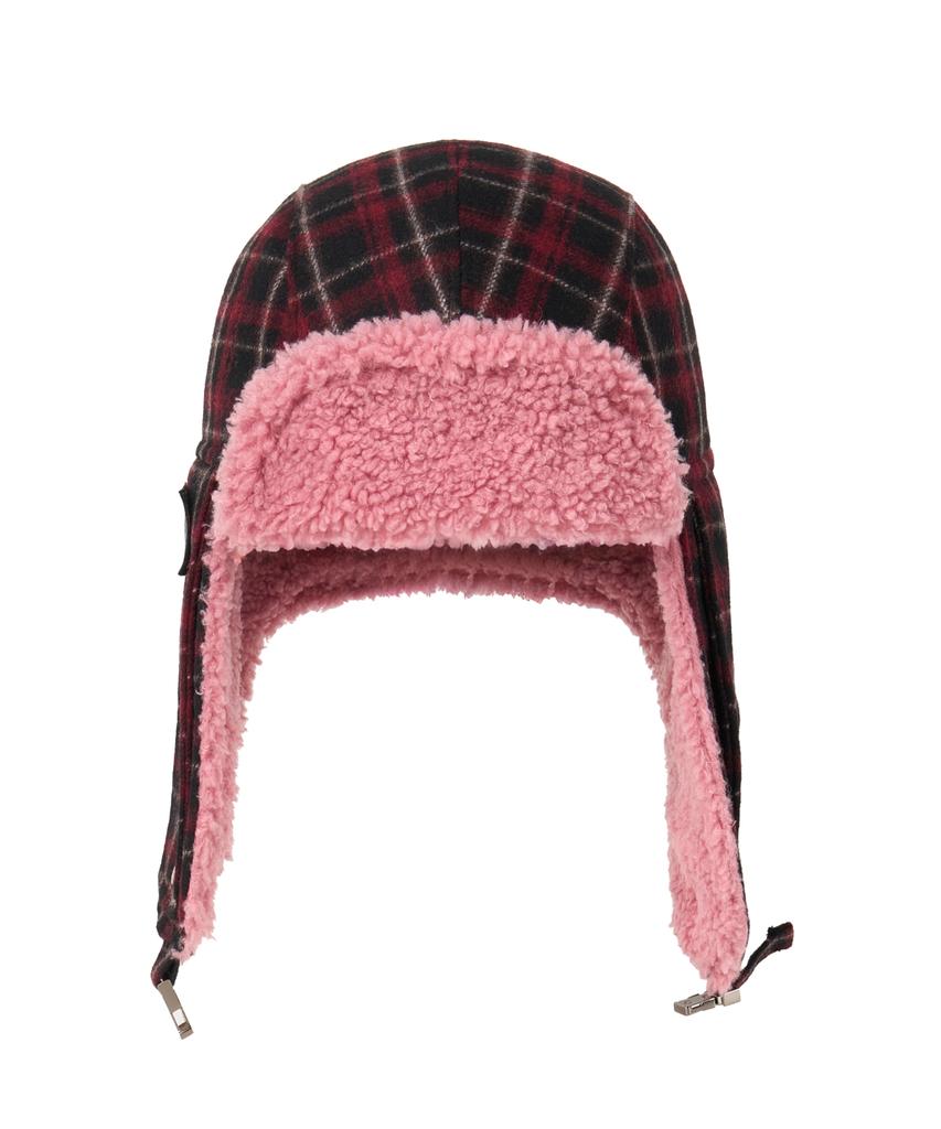 Yueolssesi Fuzzy Bunny Check Trapper Hat (Red)