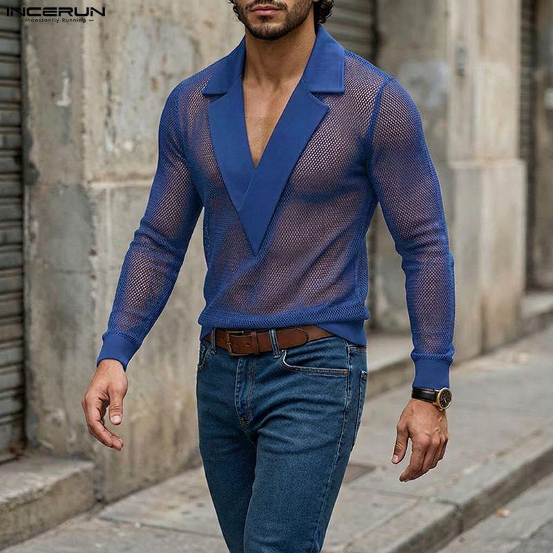 INCERUN Men V Neck Long Sleeve Mesh Sheer Hollow Out Fitted Party T-shirts