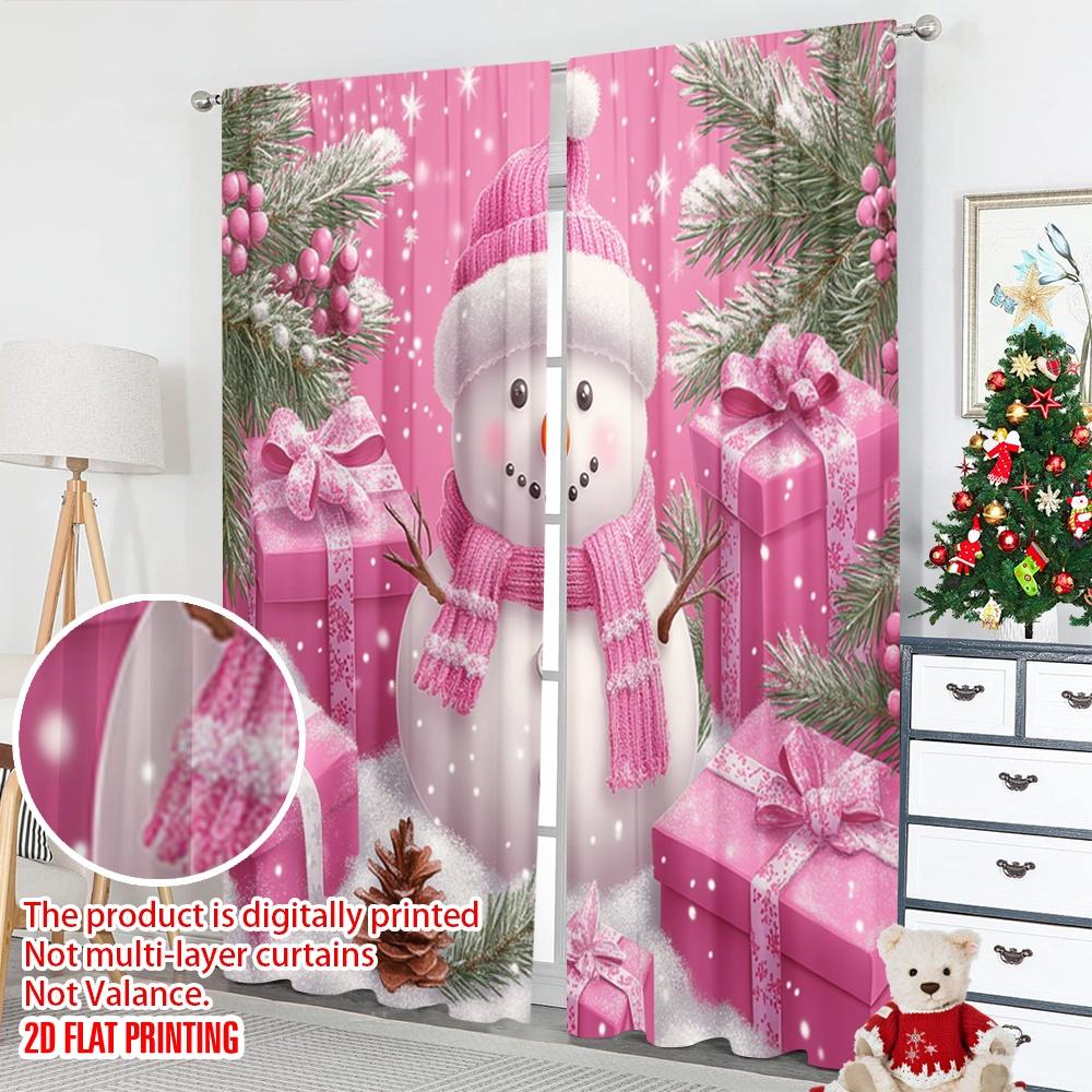 Flat Printing Merry Christmas Popular Curtains Cute Snowman Pink Gifts Polyester Without Electricity Party Curtain Set Of 2 Made Washable