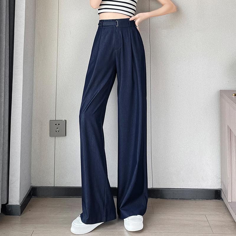 

Брюки с высокой посадкой женские летние тонкие с эффектом увеличения роста изо льда широкие брюки XXL темно-синий