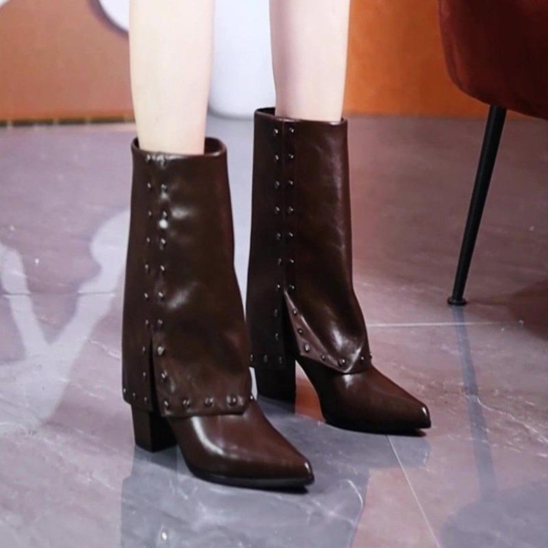 Fashion Fashion Studded Mid-leg Boots Autumn New Pointed Toe Sleeve Non-slip Wear-resistant Block Heel Single Shoes