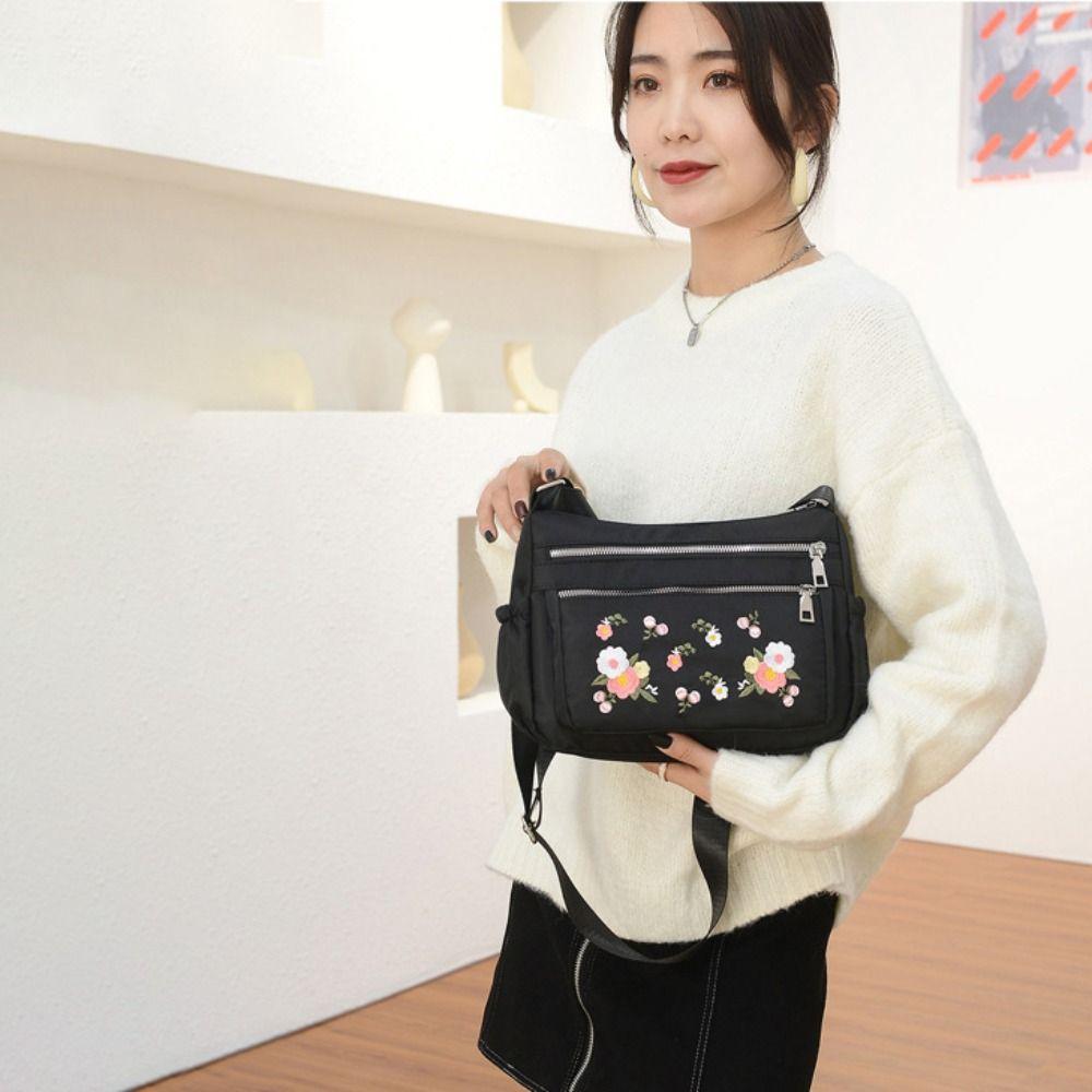 Waterproof Embroidered Oxford Shoulder Bag Multi Pockets Middle Aged Messenger Bag Handbag