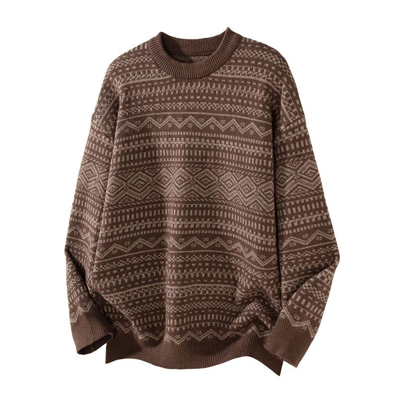 Qiqiu Men's Clothing, Geometric Pattern Jacquard Round Neck Sweater Men's American-Style Loose Heavy Warm Knit
