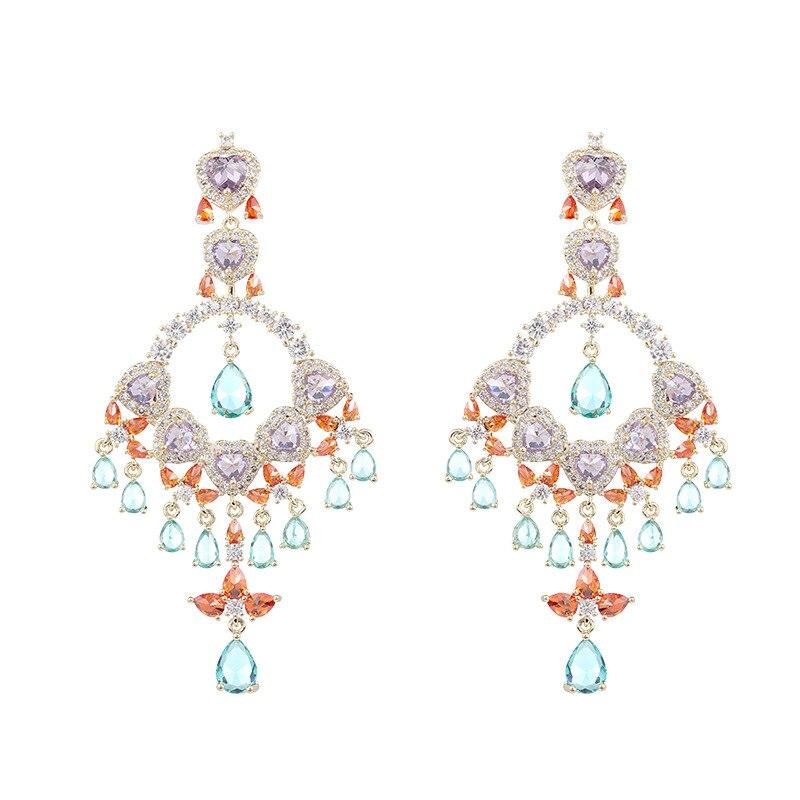 Cubic Zirconia Colorful Tassel Water Eardrop For Women Design Statement Wedding Jewelry Luxury Pendant Earring 925 Silver Needle