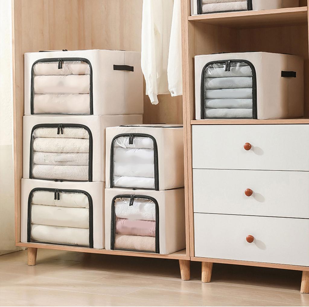 Clothes Storage Bins with Metal Frame Foldable Large Capacity Boxes With Lids Clear Window Zippers and Sturdy Handles