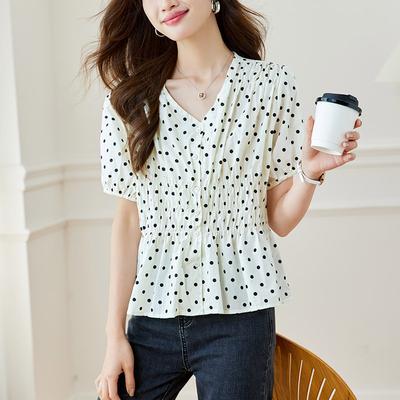 Polka Dot V-neck Blouse for Women Short-sleeved Summer Updated Style Lady Top