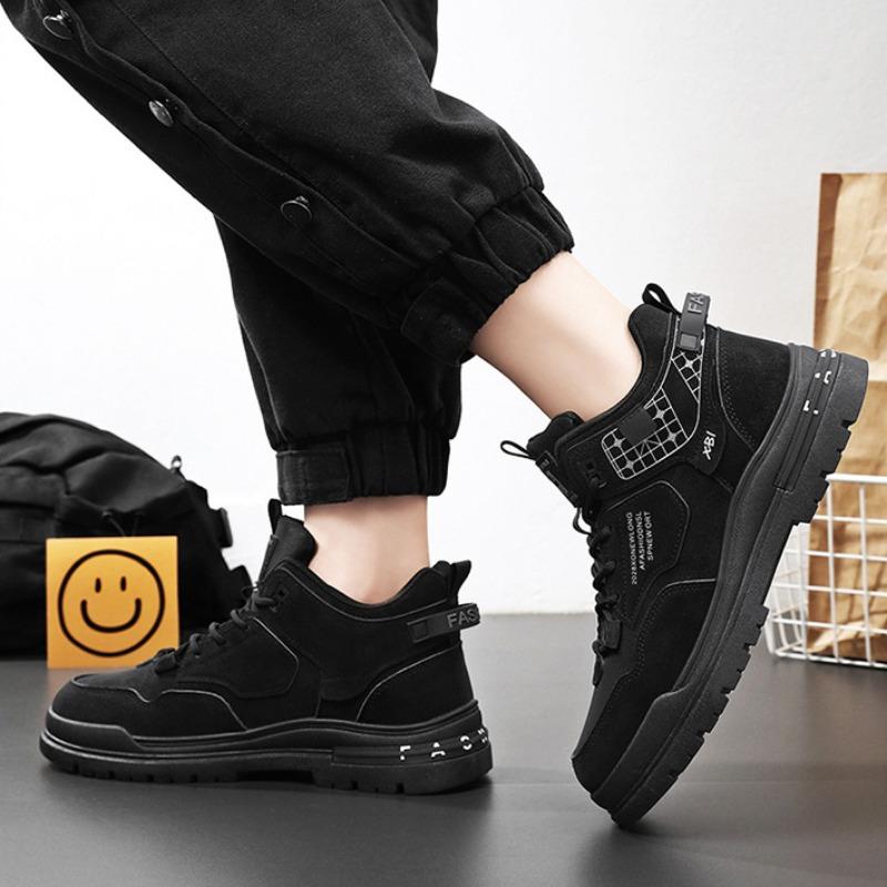Men Leather Casual Shoes Spring Breathable Comfortable Thickness Sport Shoes Student High Top Skateboard Shoe Ankle Boot