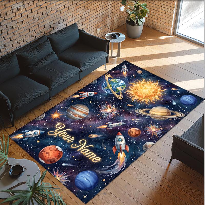 Cosmic Theme Crystal Velvet Floor Rug Personalized Custom Name Text Warm Carpet Home Decoration