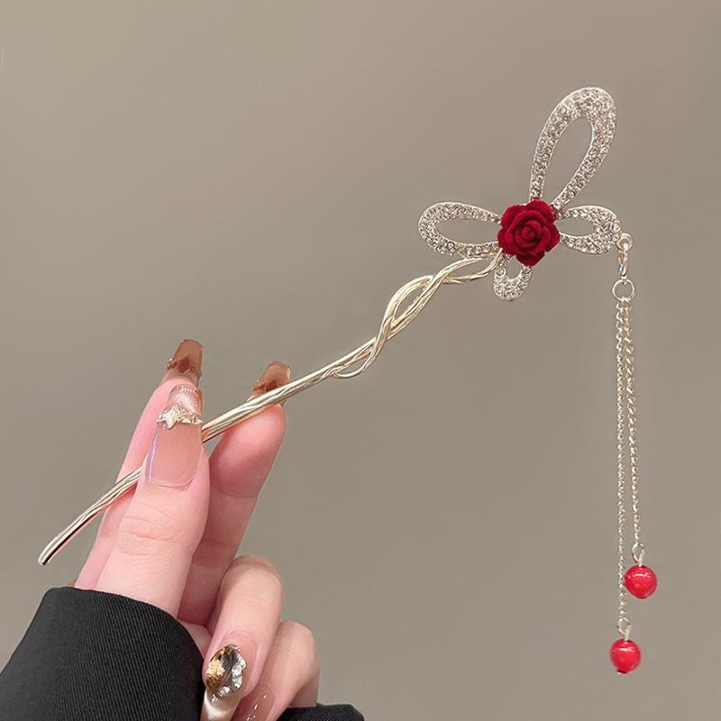 Elegant Red Rose Tassel Hairpin - U-shaped Hair Accessory for Women, Perfect for Updos and Traditional Attire.