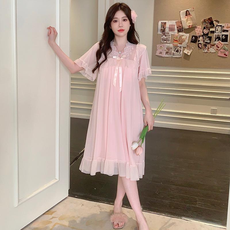 Linglei Summer Style Solid Color Lace Bow Mesh Court Princess Style Medium Long Nightdress Pajamas Loungewear