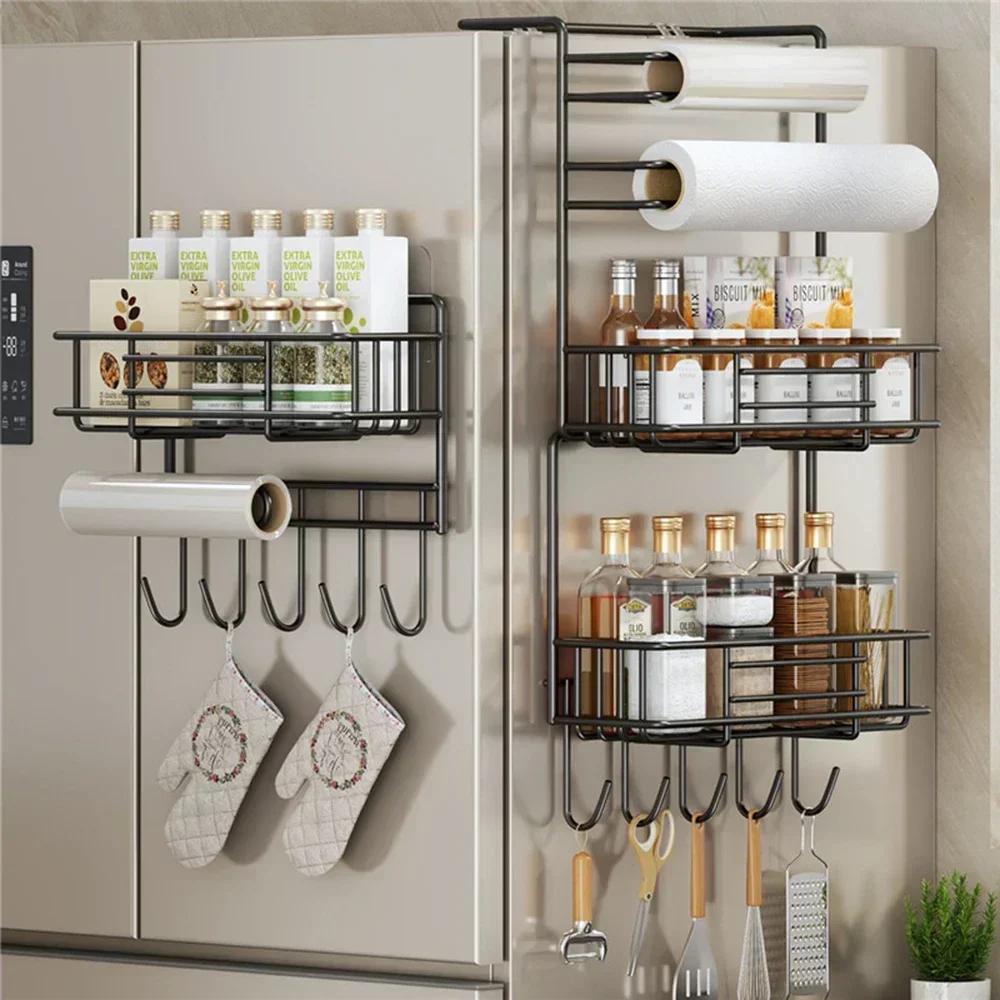 Refrigerator Storage Rack Side Hanging No-nail Sticker Tissue Paper Holder Cling Film Roll Paper Kitchen Seasoning Organizer