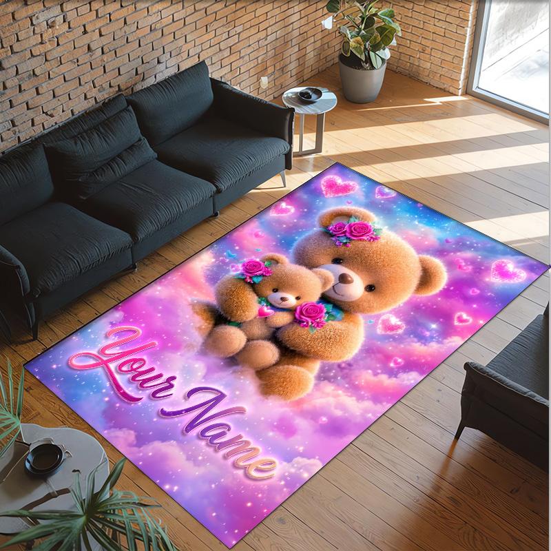 Alfombra de Terciopelo de Cristal con Temática de Osito de Peluche, Alfombrilla Suave para el Suelo con Nombre de Texto Personalizado, Decoración del Hogar