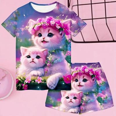 Mädchen Katze Gedruckt Casual Set Sommer Trendy Cartoon Kurzarm Shorts 3D Druck Kleidung Sets Mädchen