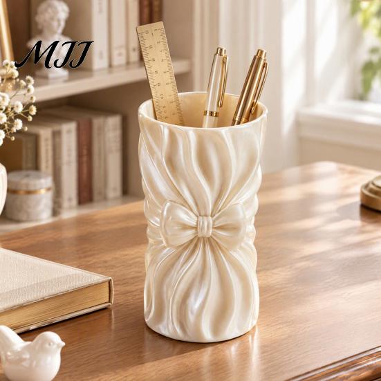 Girly Aesthetic Pen Cup 3D Printed Bow Storage Holder, Ruffled Makeup Brush Cup, Decorative Pleated Holder Desktop Organizer for Vanity Table
