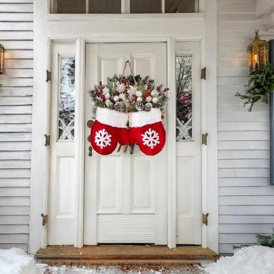 Faux Branches Christmas Mitten Wreath with LED Light Multiple Lighting Mode Festives Front Door Wall Hanging Decors