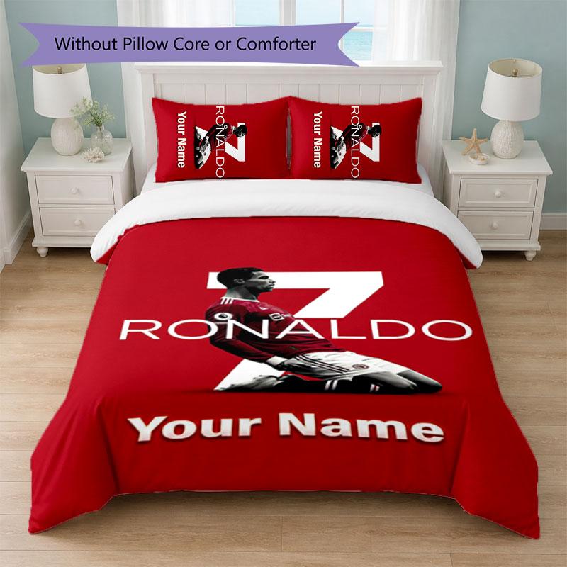 Cristiano Ronaldo Custom Name Text Bedding Set 1 Duvet Cover+2 Pillowcases Soccer Logo Personalized Gift For Special Occasion Bedroom Decor