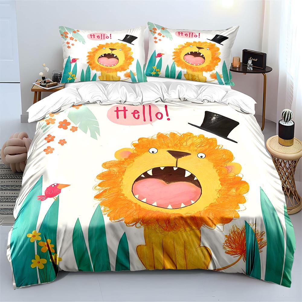 Cartoon Lion With Hat And Bird Print Soft Comfortable Duvet Cover Bedding Set Included 1*Duvet Cover 2*Pillowcases For Gifts